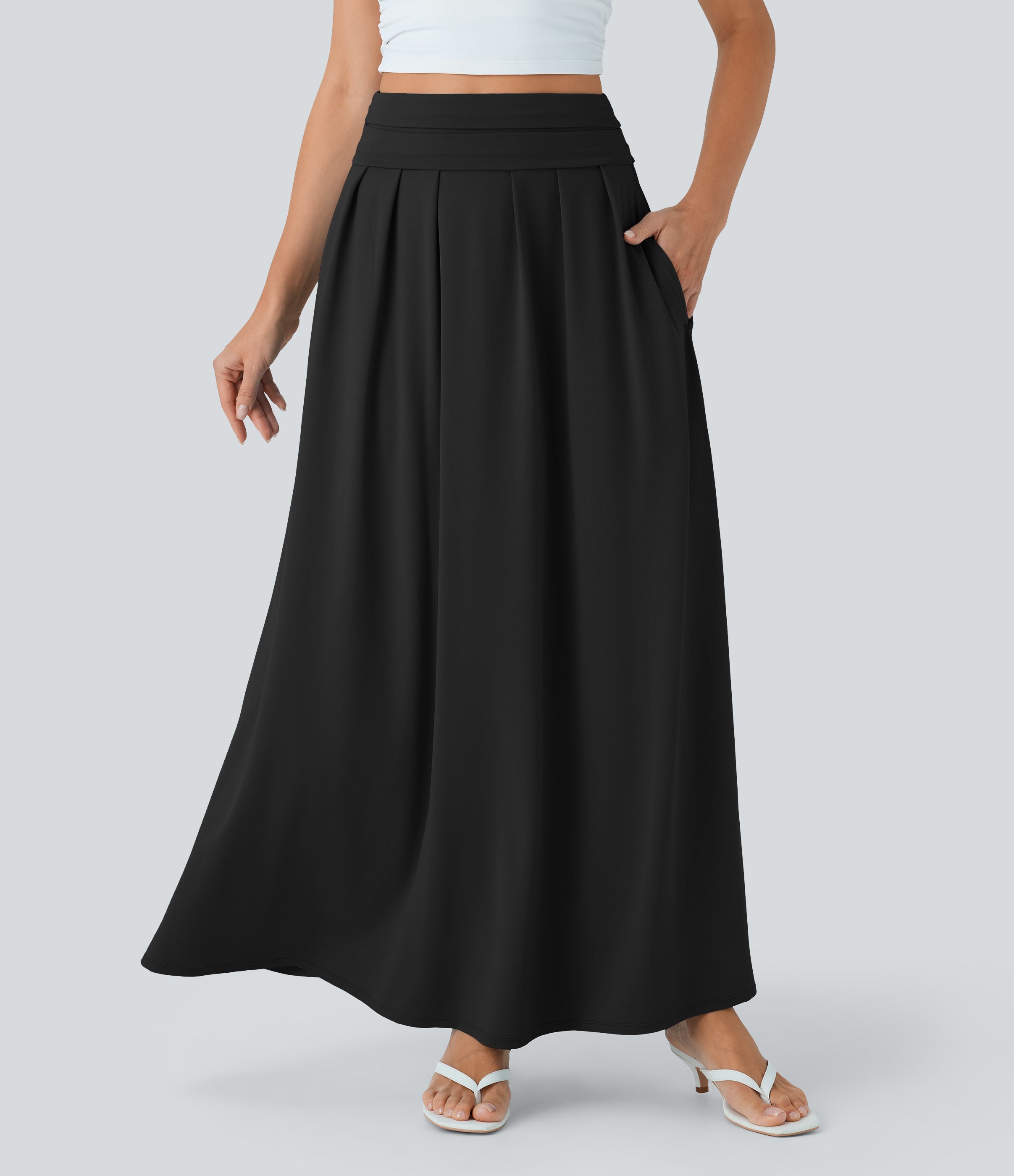 Socinched High Waisted Tummy Control Flare Maxi Casual Skirt with Pockets