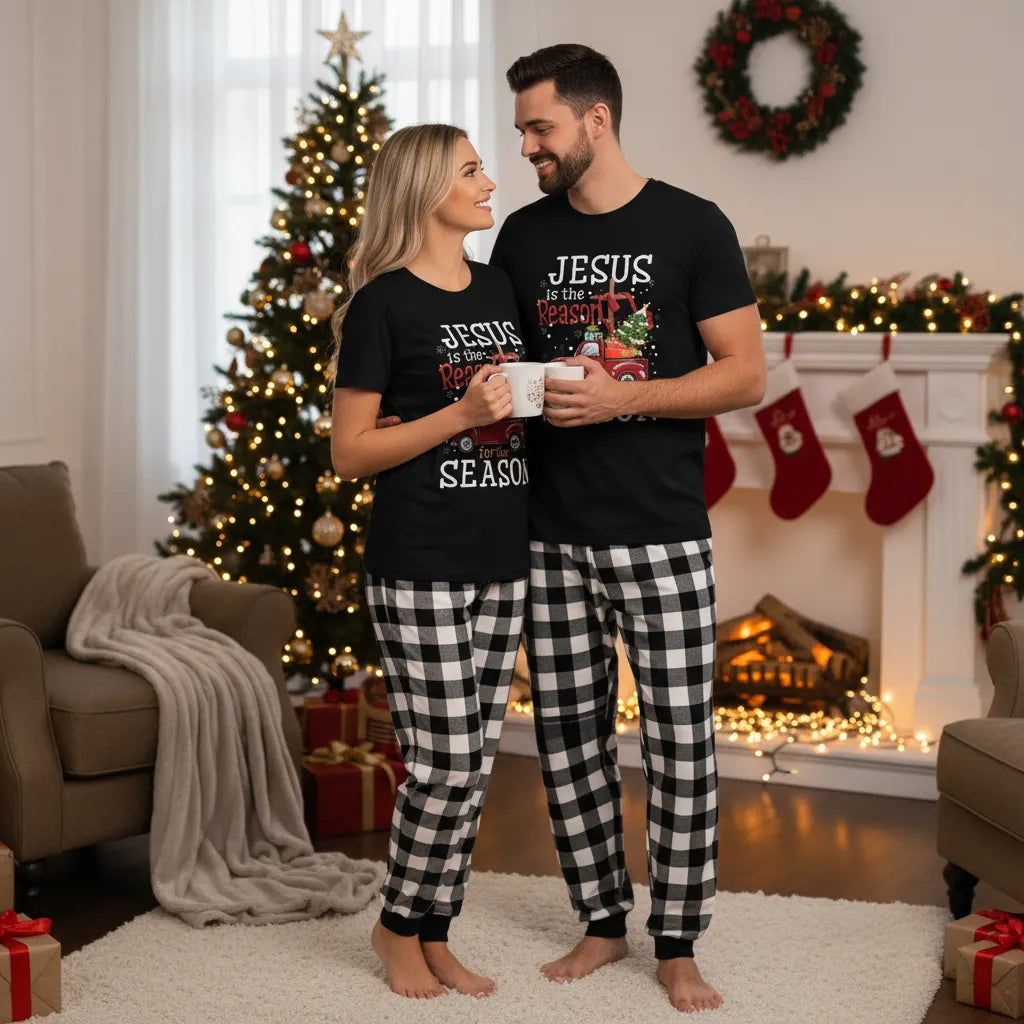 Couple Black and White Plaid Christmas Short Sleeve Pajamas Set With "Jesus is the Reason for the Season" Text Print