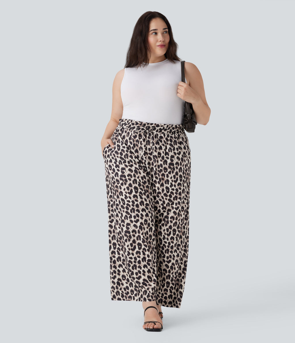 Plus Size High Waisted Drawstring Leopard Print Wide Leg Casual Pants with Pockets