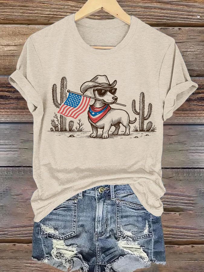 Women's Patriotic Dog Lover Printed Casual T-Shirt