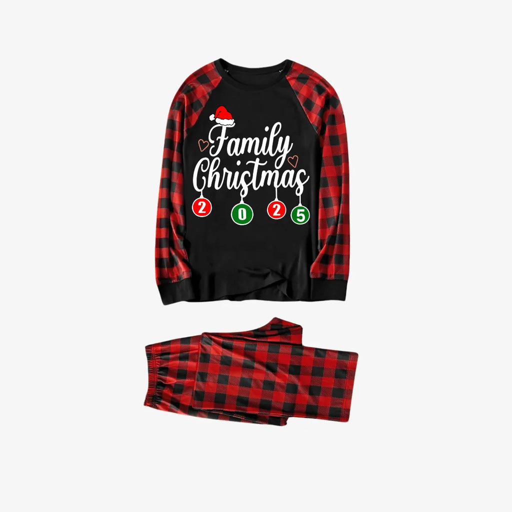 "Family Christmas 2025" Letter Printed Black & Red Plaid Family Matching Black Pajamas