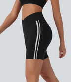 Crossover Mid Rise Color Block Stripe Yoga Biker Shorts 7''