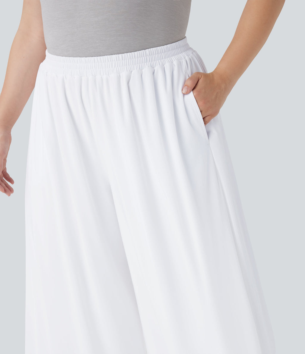 Plus Size High Waisted Mesh Overlay Wide Leg Casual Pants with Pockets