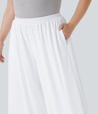 Plus Size High Waisted Mesh Overlay Wide Leg Casual Pants with Pockets