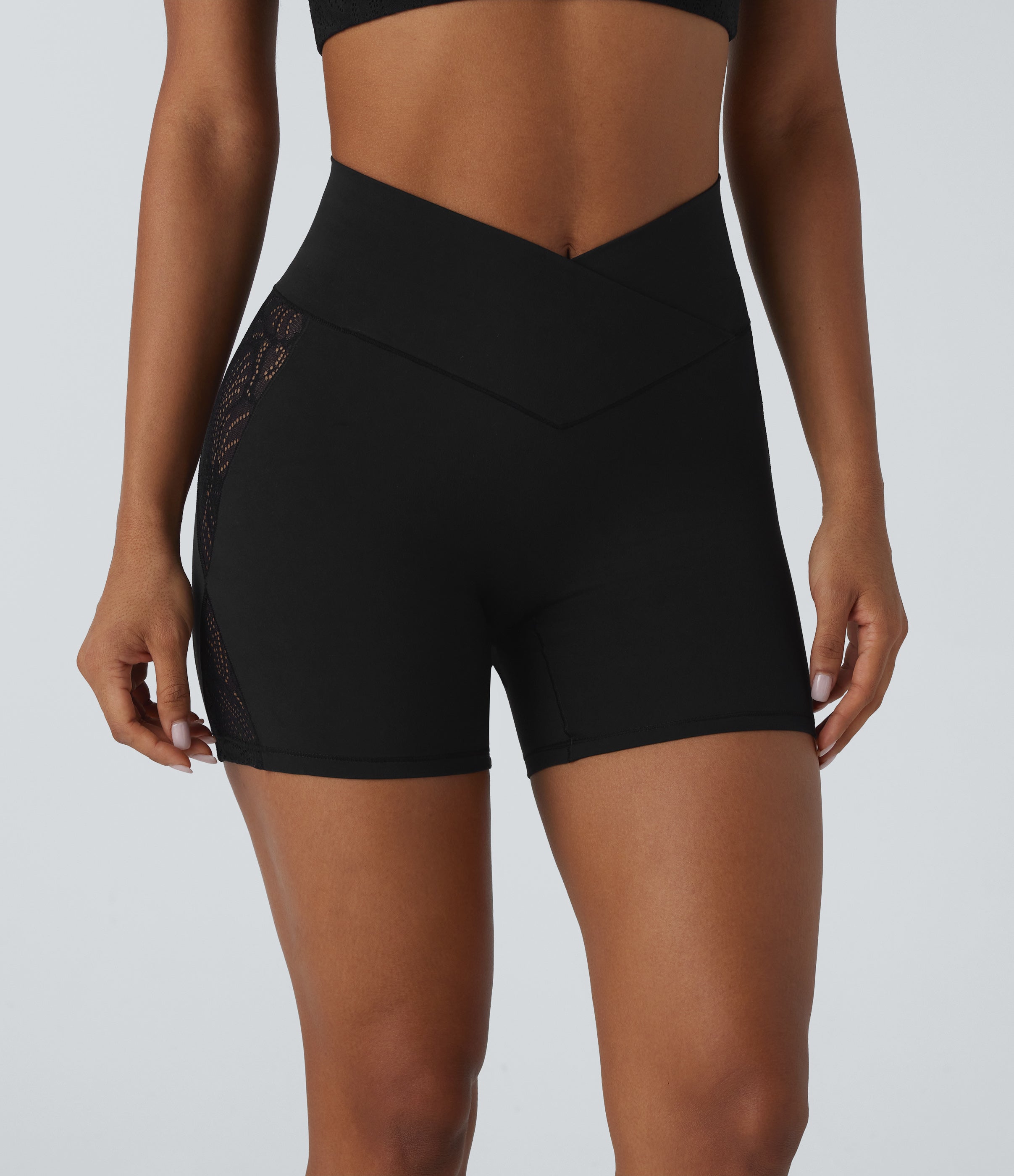 SoftlyZeroTM High Waisted Crossover Contrast Lace Built-in Underwear Yoga Biker Shorts 5'' with Pocket-UPF50+