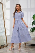 Womens Casual Short Sleeve Button Down Tie Waist Ruffled Striped Maxi Shirt Dress(Buy 2 Free Shipping)