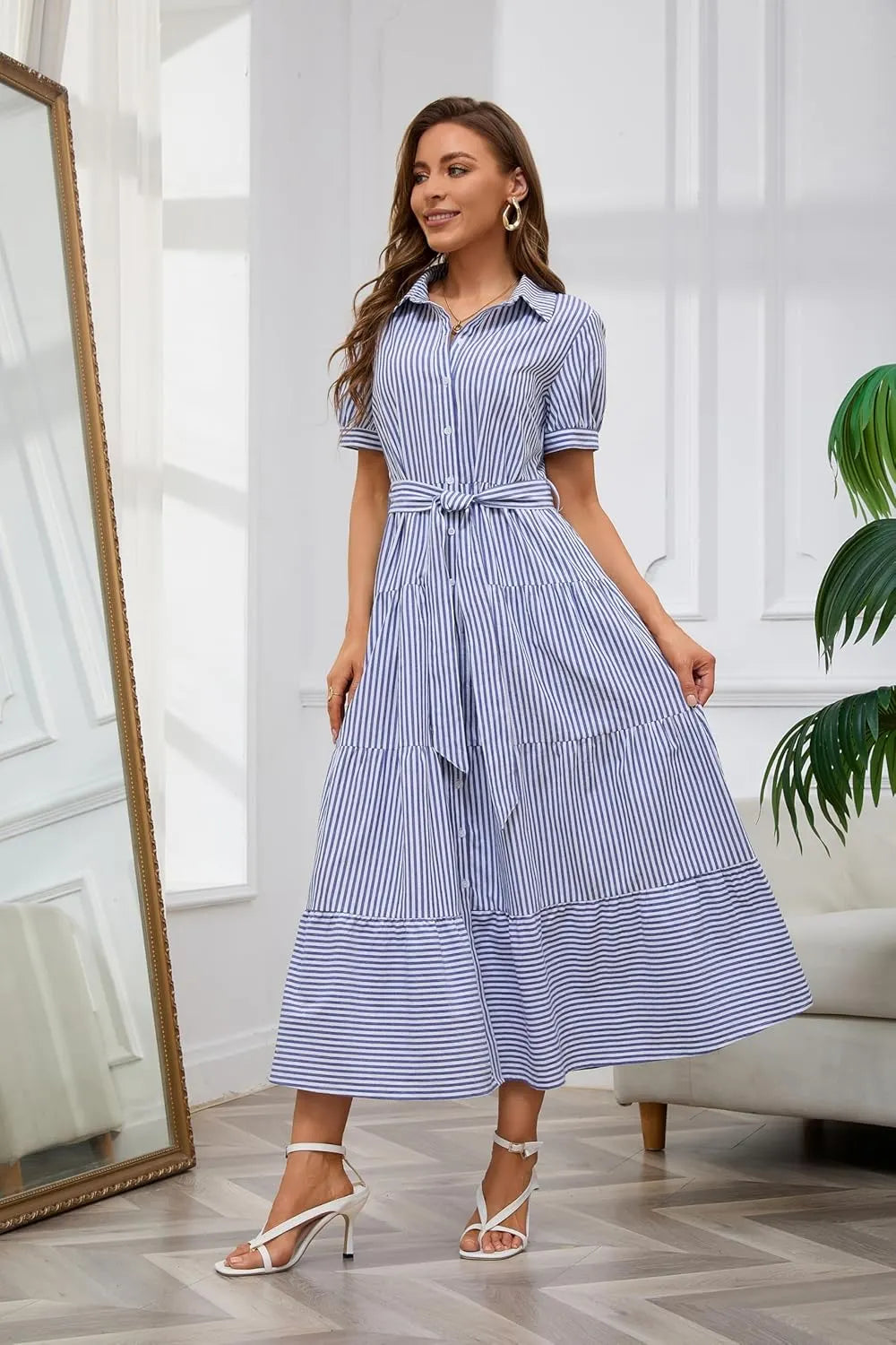Womens Casual Short Sleeve Button Down Tie Waist Ruffled Striped Maxi Shirt Dress(Buy 2 Free Shipping)