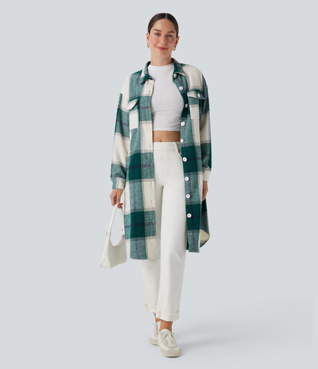 Plaid Curved Hem Longline Casual Jacket with Pockets