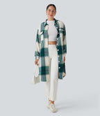 Plaid Curved Hem Longline Casual Jacket with Pockets