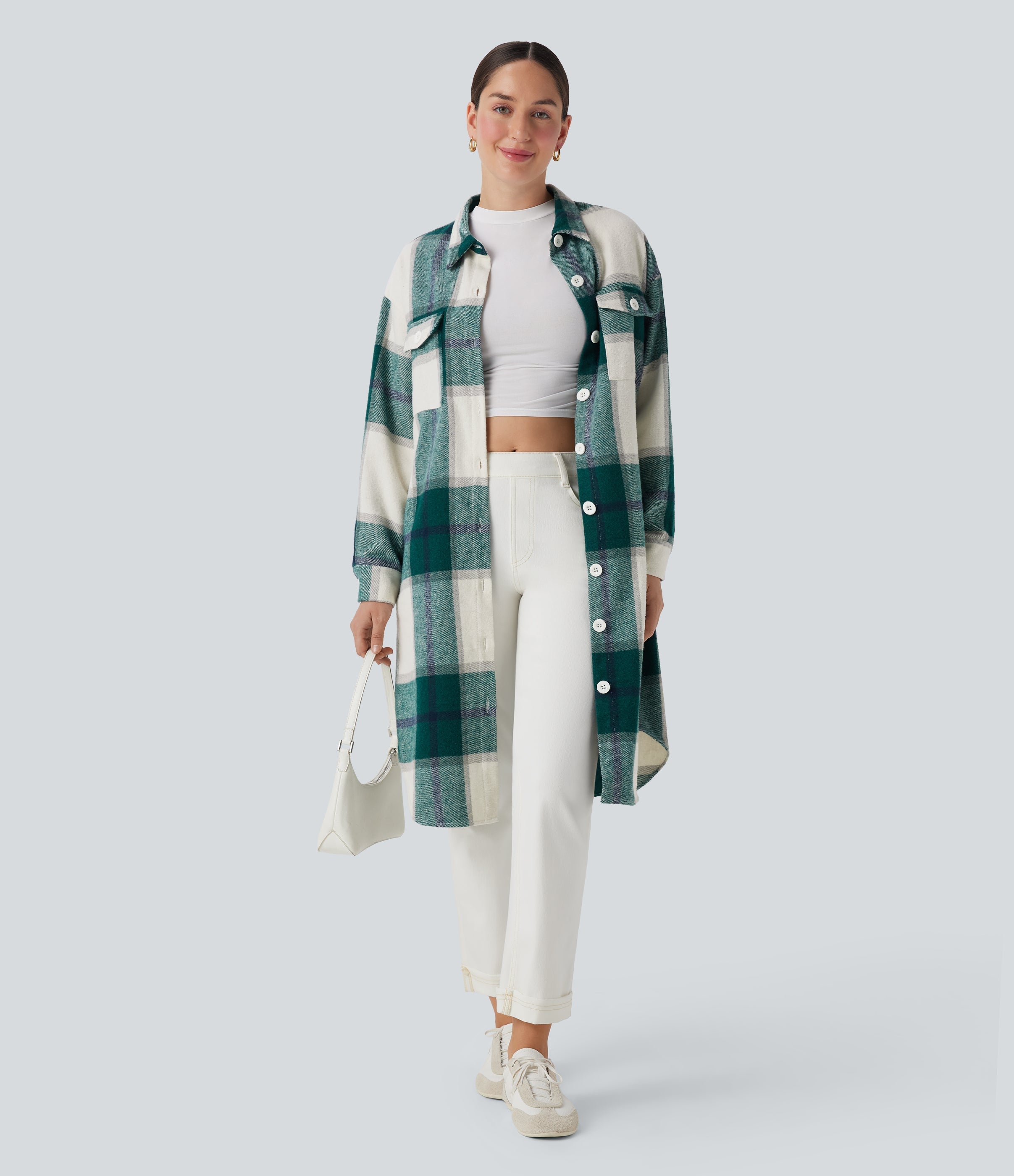 Plaid Curved Hem Longline Casual Jacket with Pockets