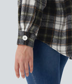 Plaid Curved Hem Casual Shirt Jacket with Flap Pockets