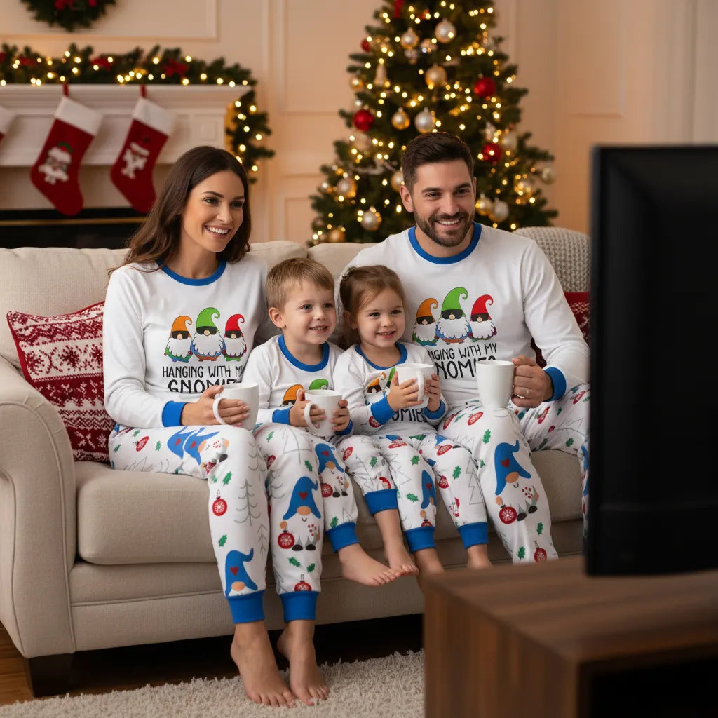 Holiday Family Christmas Pajamas Set With Christmas Gnome Pattern Print