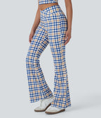 Crossover High Waisted Plaid Cool Touch Yoga Flare Leggings with Pocket