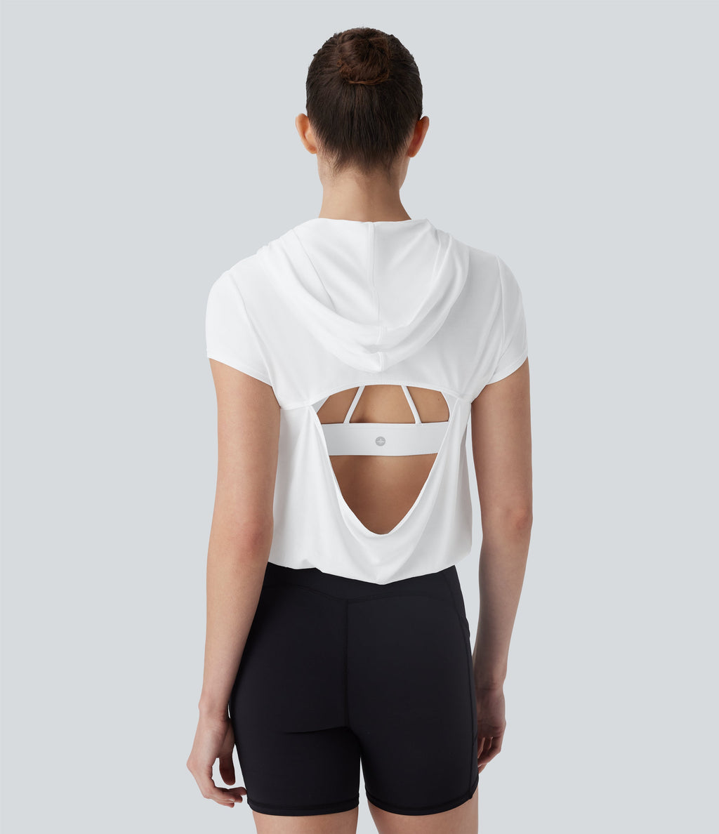 Hooded Short Sleeve Cut Out Yoga Sports Top
