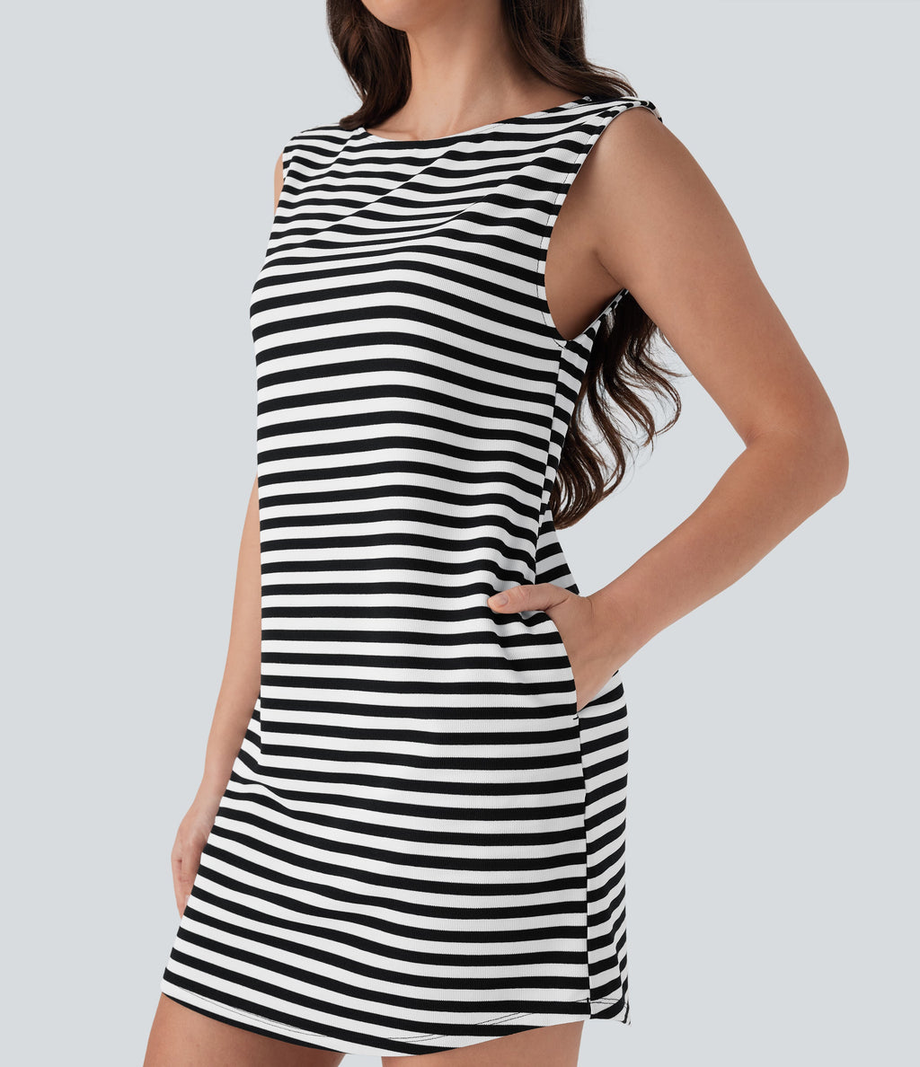 Boat Neck Sleeveless Curved Hem Mini Stripe Waffle Casual Dress with Pockets
