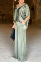 Women's V-Neck Tops Long Pants Set Casual Loose Outfit Summer Homewear Suit