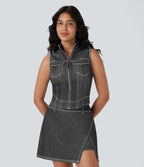 FlexTM Stand Collar Zipper Cool Touch Washed Denim Tennis Tank Top