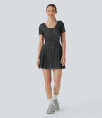FlexTM Pleated Hem 2-in-1 Cool Touch Washed Denim Tennis Active Dress with Pockets