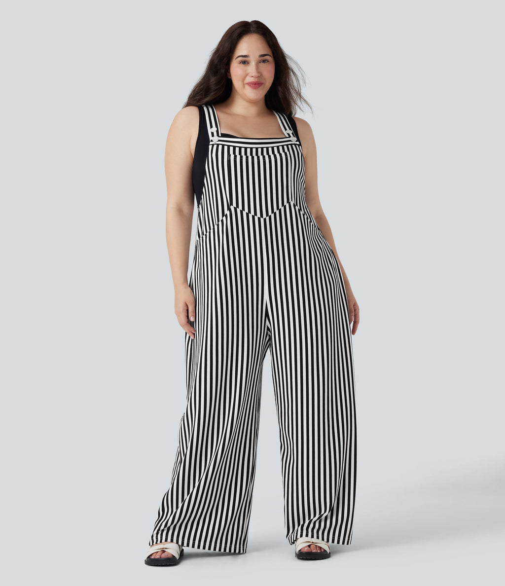 Plus Size Stripe Waffle Overalls with Pockets