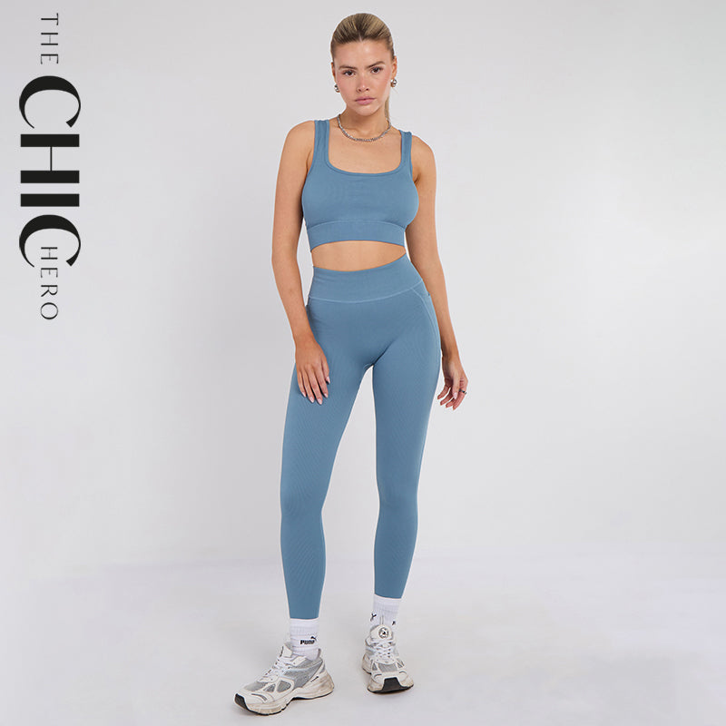 Stretch Blue Workout Outfit Seamless Sports Bra & High-Waist Leggings Set