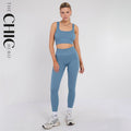 Stretch Blue Workout Outfit Seamless Sports Bra & High-Waist Leggings Set