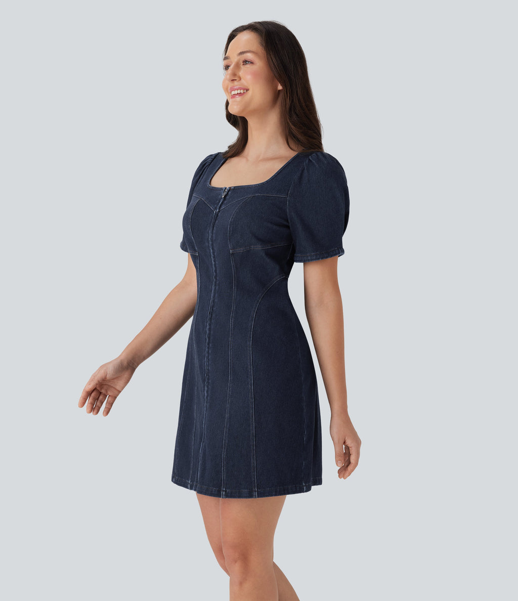 FlexTM Square Neck Short Sleeve Zipper Denim Mini Casual Dress