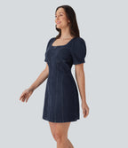 FlexTM Square Neck Short Sleeve Zipper Denim Mini Casual Dress