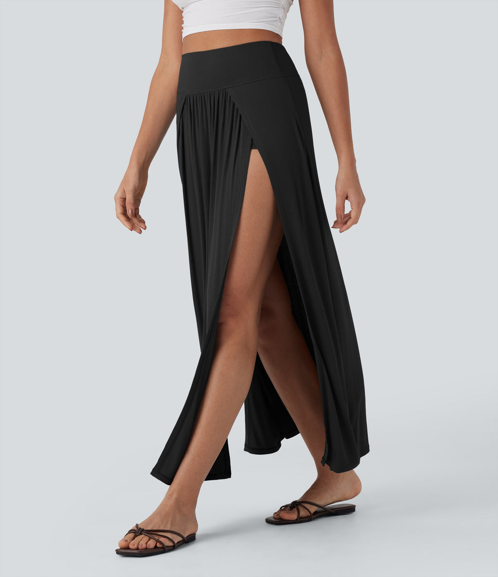 SoCinched Ribbed High Waisted Tummy Control Draped 2-in-1 Maxi Casual Skirt