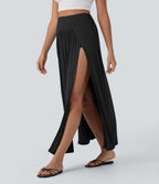 SoCinched Ribbed High Waisted Tummy Control Draped 2-in-1 Maxi Casual Skirt