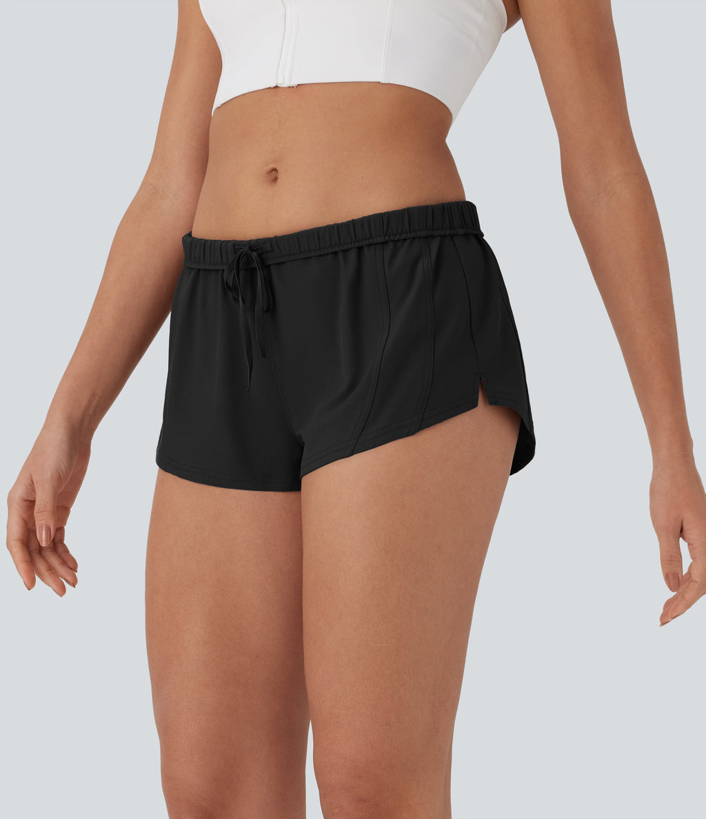 Water Repellent Foldover Low waist Drawstring 2-in-1 Twill Running Micro Shorts with Pocket