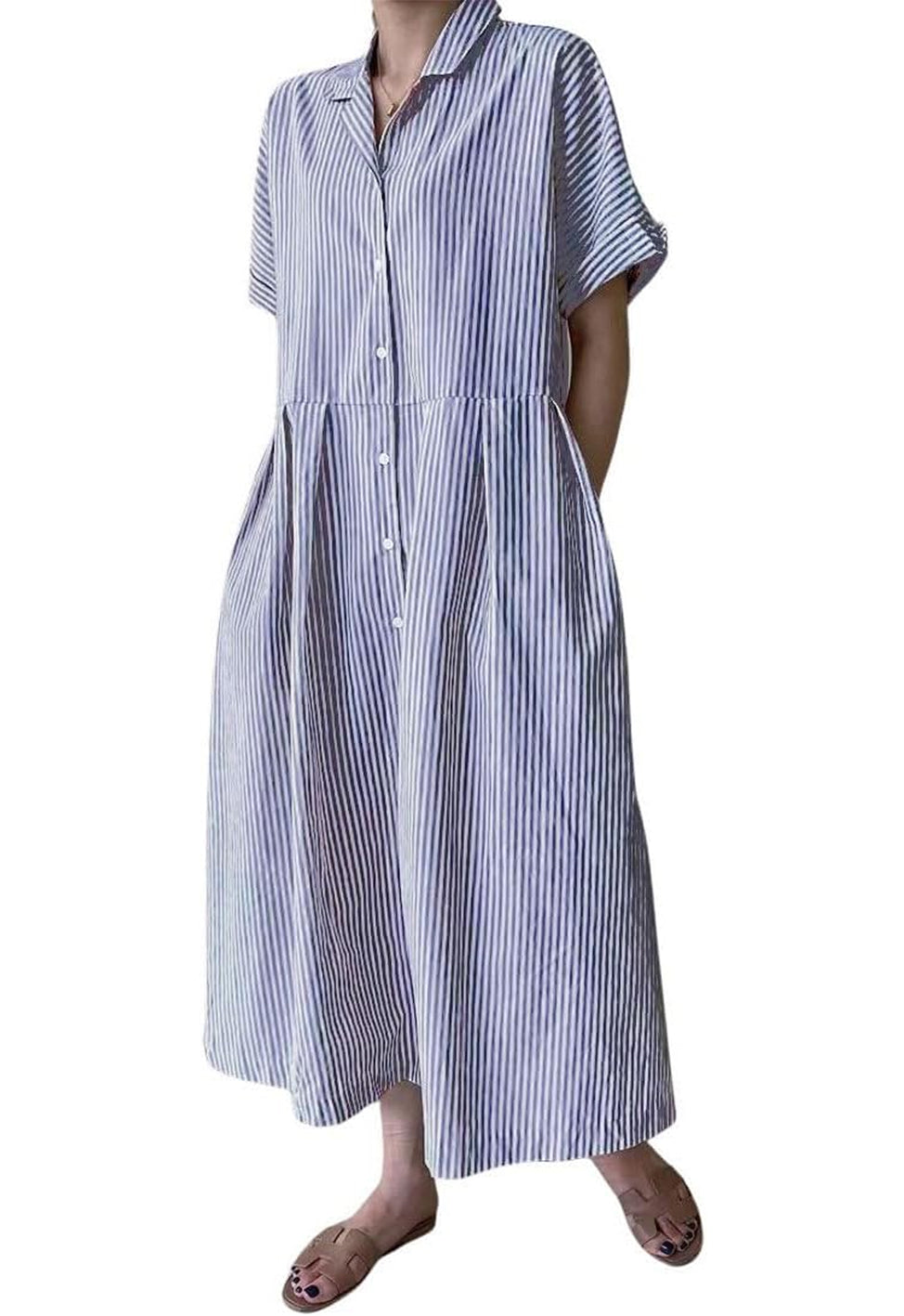 Women's Cotton Striped Shirt Dress Button Up Short Sleeve Midi Long Shift Dress with Pockets(Buy 2 free shipping)