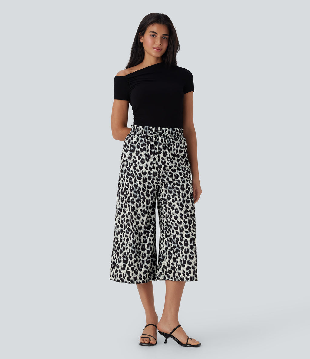 High Waisted Drawstring Leopard Print Wide Leg Capri Casual Pants with Pockets