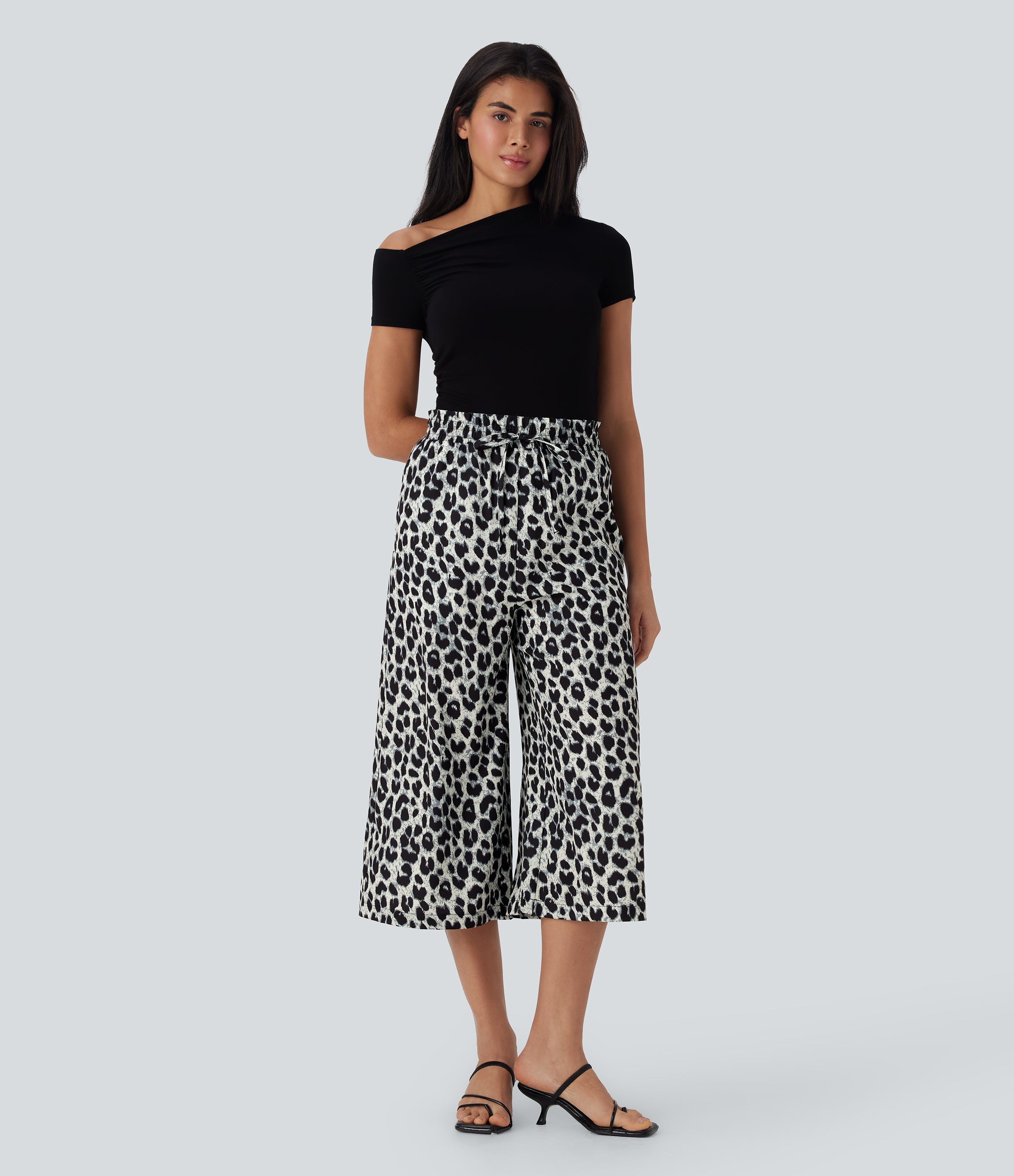 High Waisted Drawstring Leopard Print Wide Leg Capri Casual Pants with Pockets