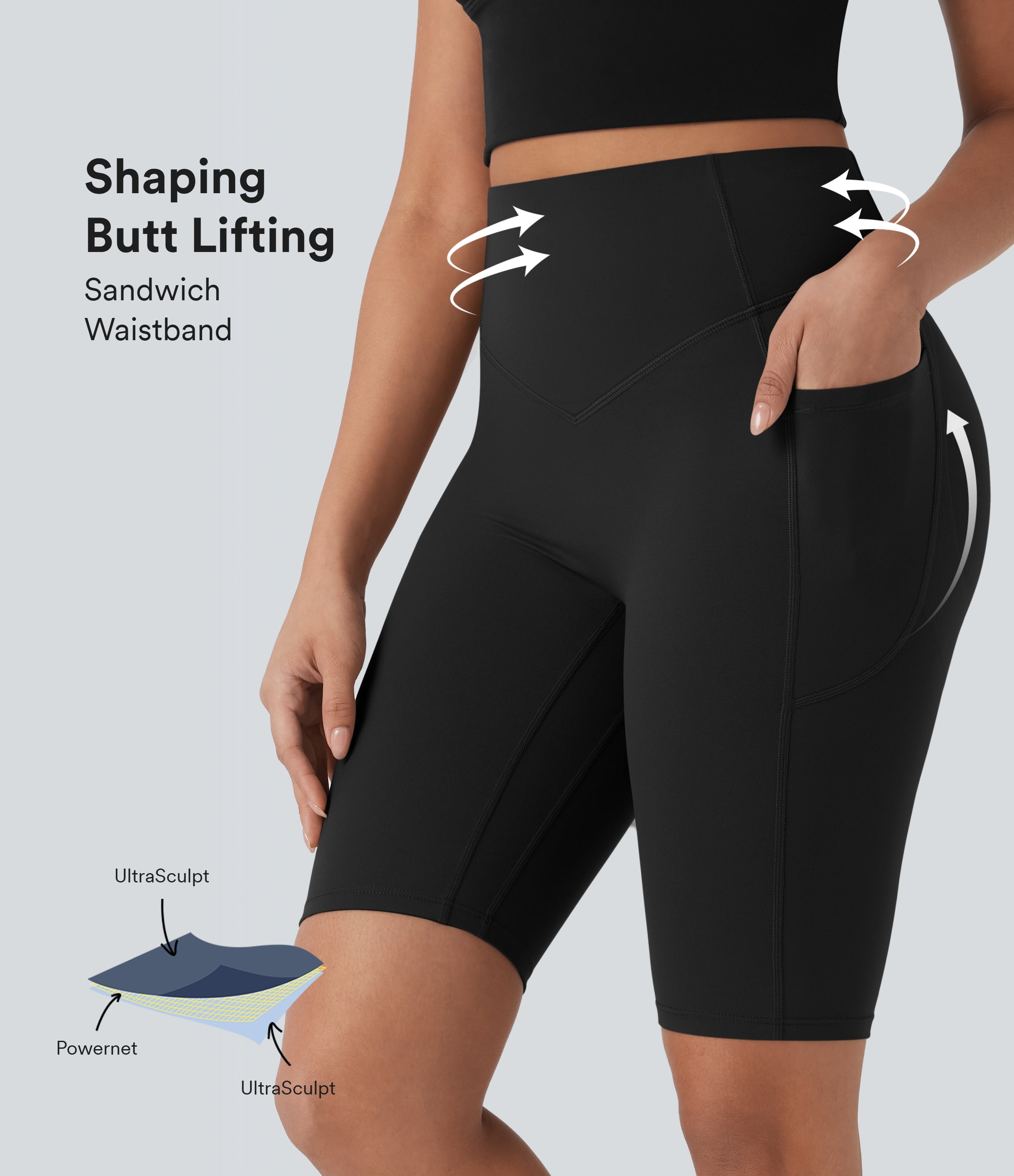 UltraSculptTM SoCinched High Waisted Scrunch Butt Lifting Tummy Control Side Pocket Shaping Workout Biker Shorts 9''