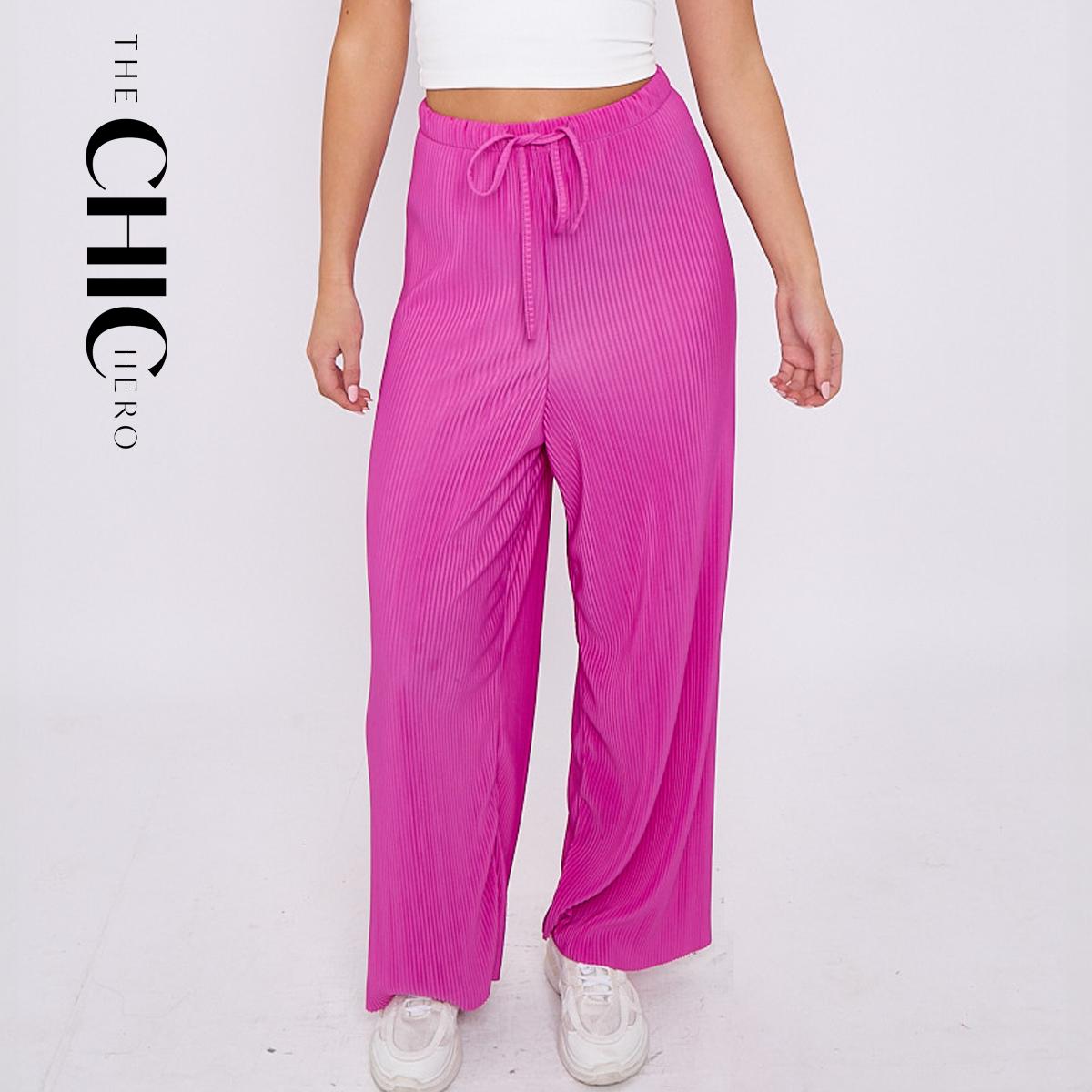 Solid Color Fushia Wide-Leg Drawstring Palazzo Pleated Pants