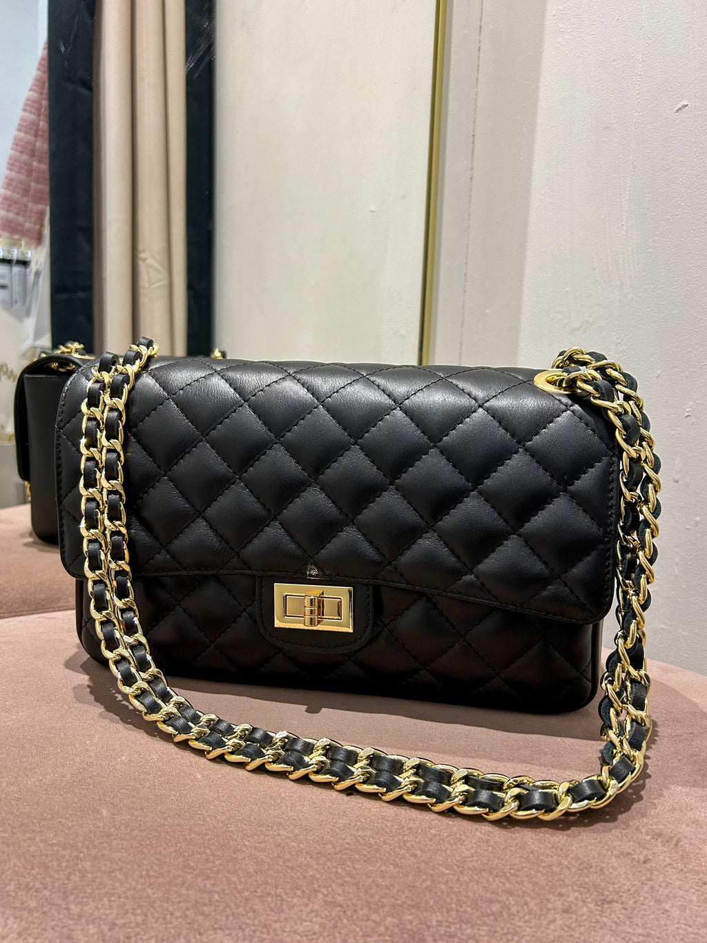 Large Genuine Leather Quilted Turn Lock Chain Handle Handbag (8 Colours)
