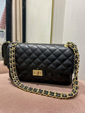 Large Genuine Leather Quilted Turn Lock Chain Handle Handbag (8 Colours)