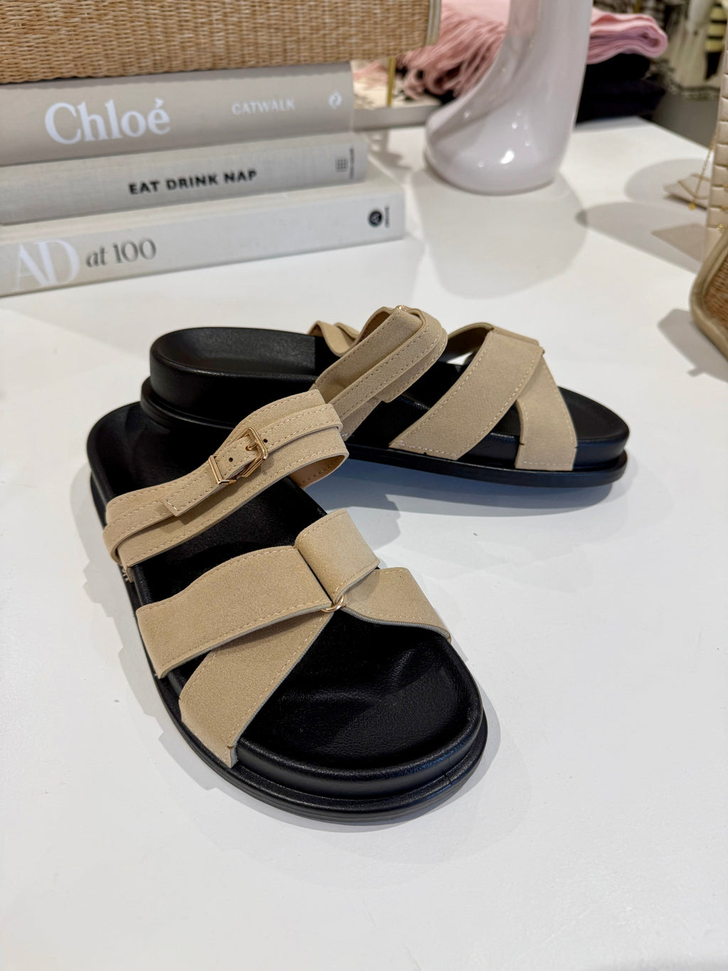 Faux Suede Gold Buckle Cross Over Sandal