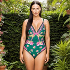 Green Grape Blossom Tropical Vineyard V-Neck Swimsuit & Skirt