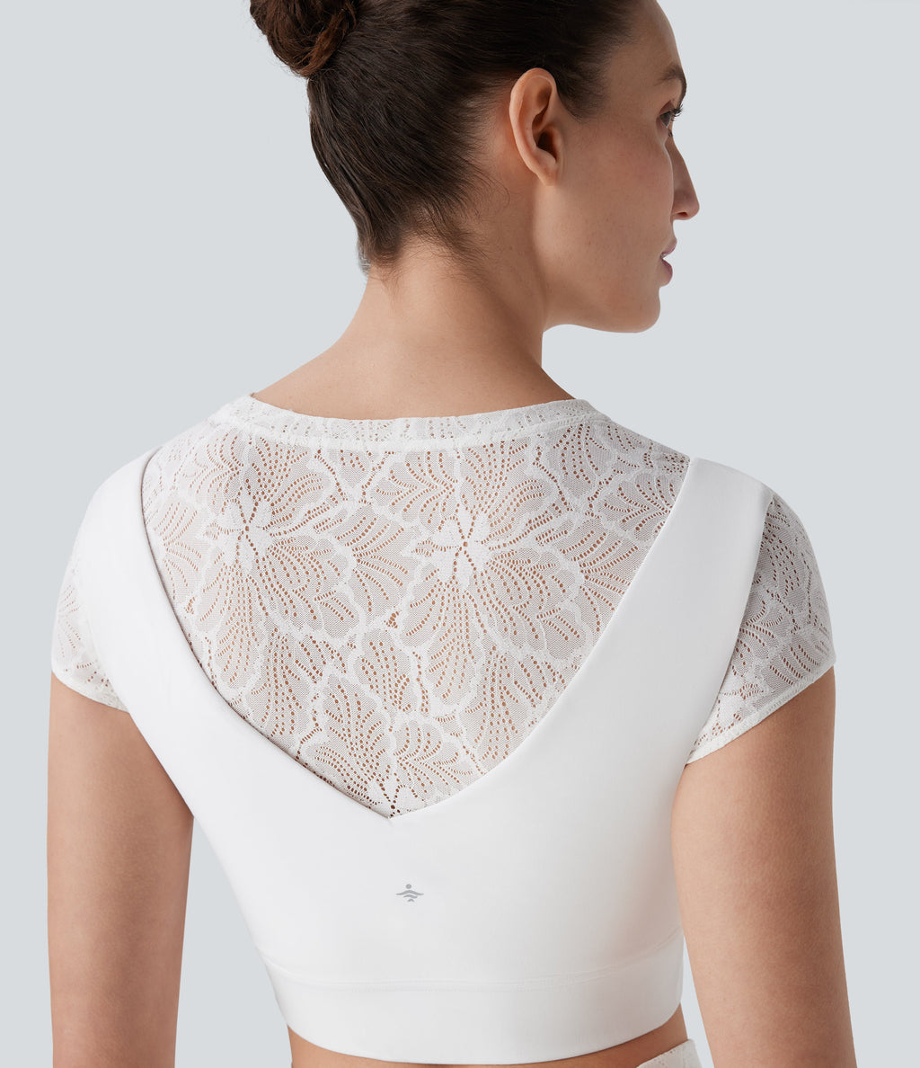 SoftlyZeroTM Contrast Lace Short Sleeve Cropped Yoga Sports Top-UPF50+