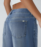 FlexTM Asymmetric Low Rise Zipper Pockets Baggy Wide Leg Washed Casual Jeans