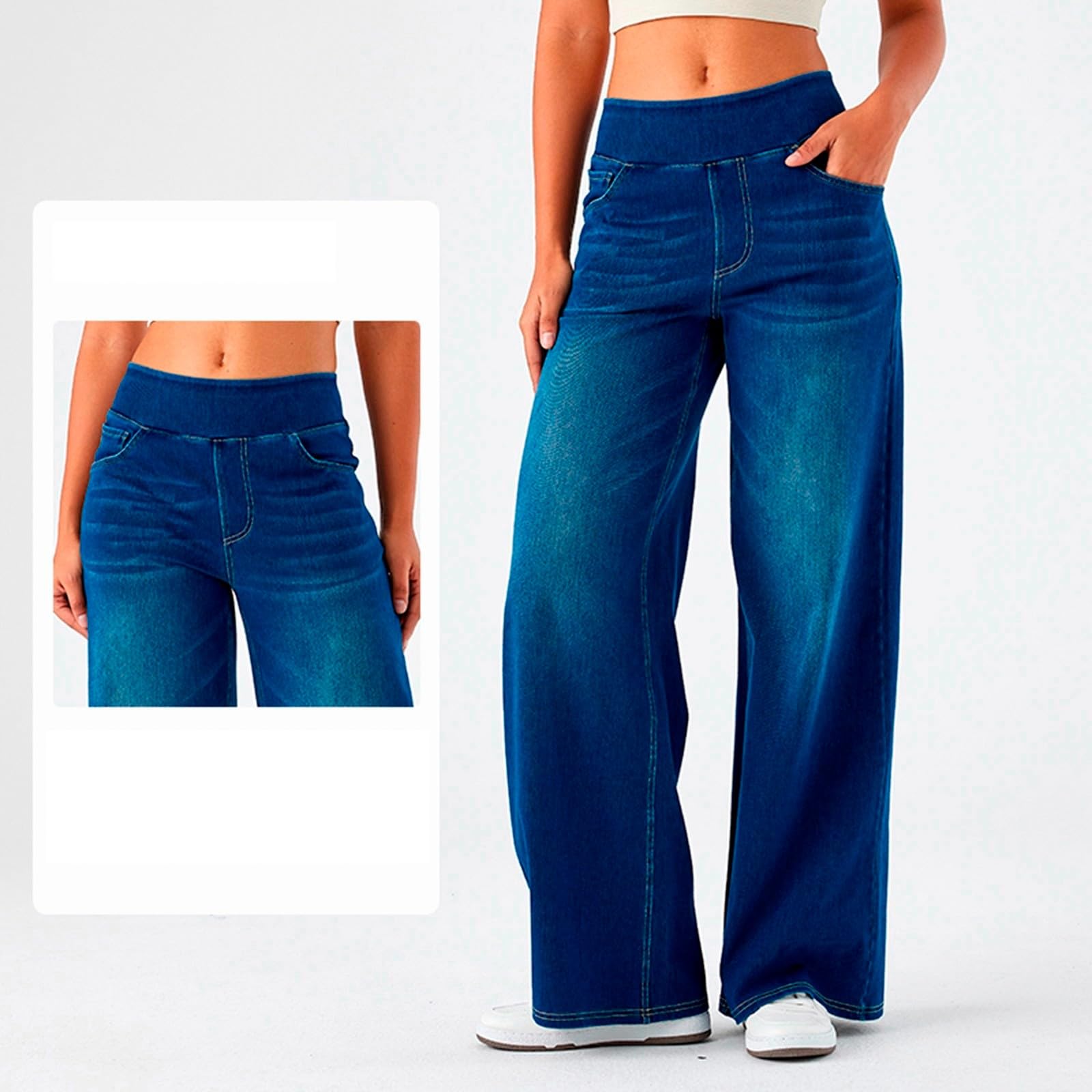 2026🔥 FlexTM High Waisted Multiple Pockets Baggy Wide Leg Washed Stretchy Knit Casual Jeans