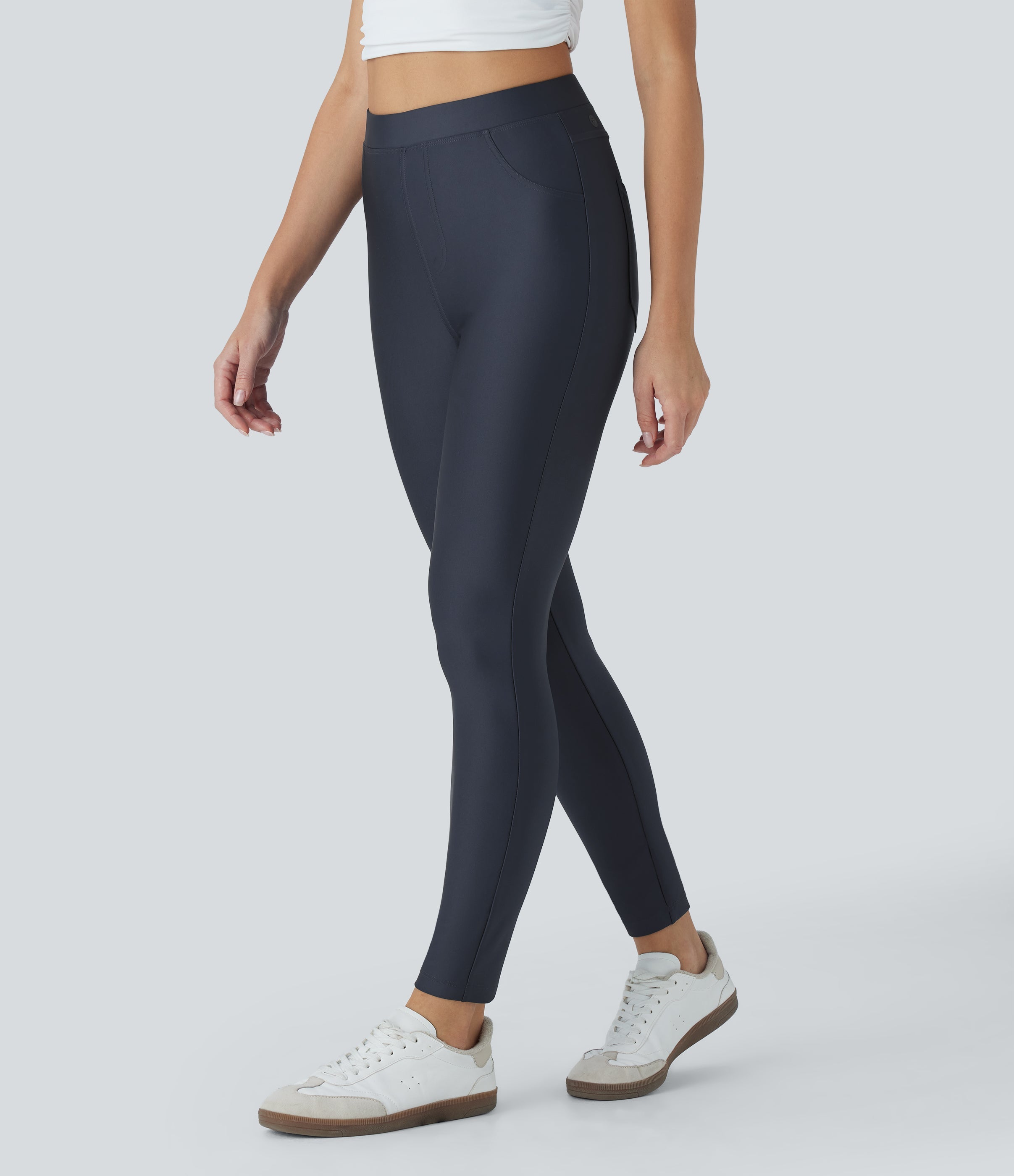 High Waisted Sheen Casual Skinny Pants with Pockets
