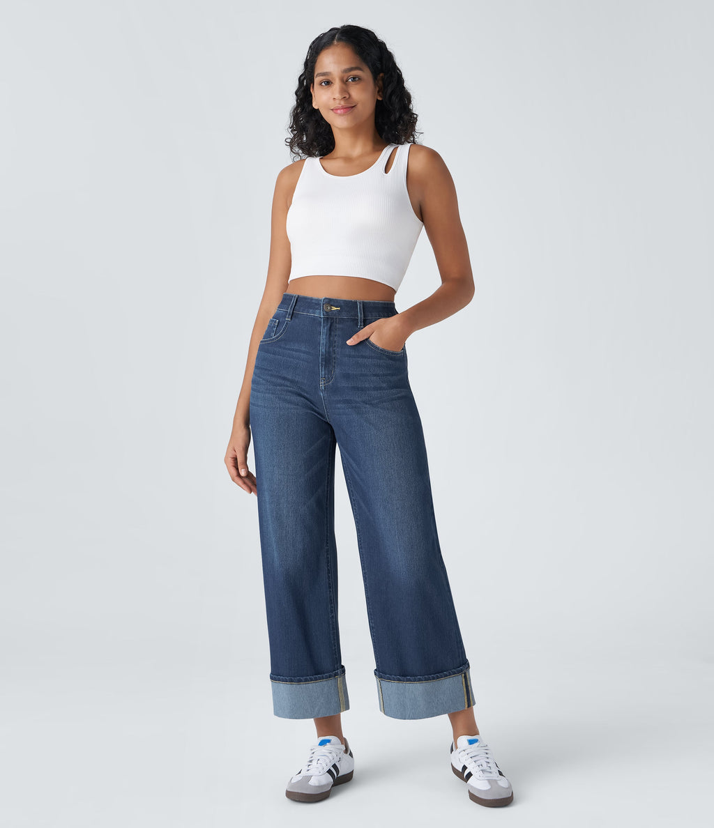FlexTM High Waisted Multiple Pockets Rolled Hem Wide Leg Washed Stretchy Knit Casual Jeans