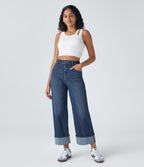 FlexTM High Waisted Multiple Pockets Rolled Hem Wide Leg Washed Stretchy Knit Casual Jeans