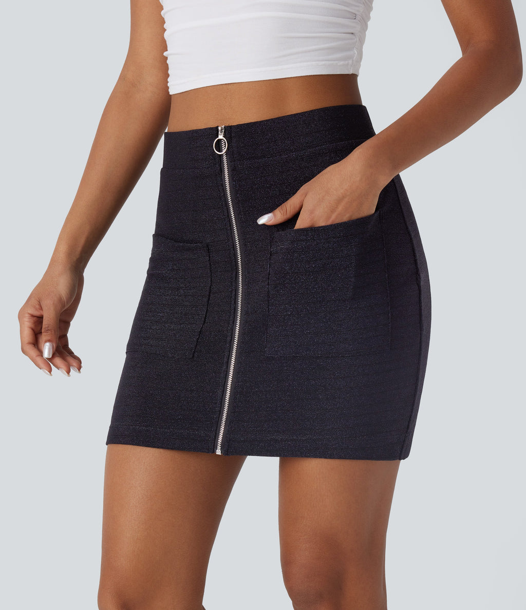 High Waisted Zipper Bodycon Metallic Mini Casual Skirt with Pockets