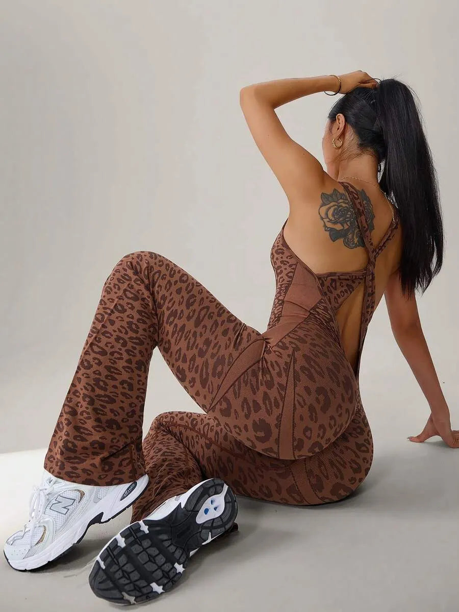 Women's Leopard Print Yoga Jumpsuit, Cross Strap Design, Long Sleeve Slim Fit, Casual Fashion for All Seasons, Comfortable Wear at Home