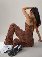 Women's Leopard Print Yoga Jumpsuit, Cross Strap Design, Long Sleeve Slim Fit, Casual Fashion for All Seasons, Comfortable Wear at Home