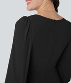 V Neck 3/4 Sleeve Pleated High Low Midi Casual Dress
