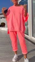 Women's Round Neck Slit Fluorescent Color Casual Suit